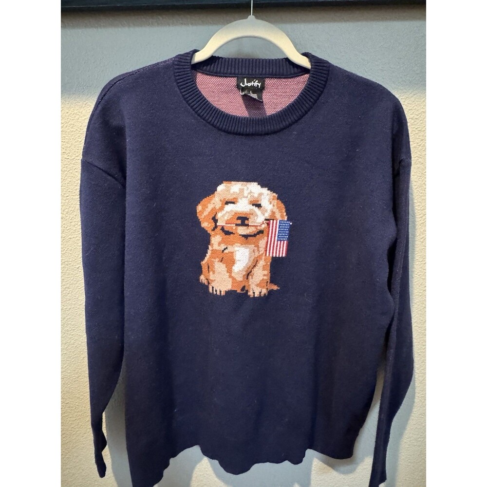 Justify Dog American Flag Women’s Sweater Patriotic Americana 4th July Size L